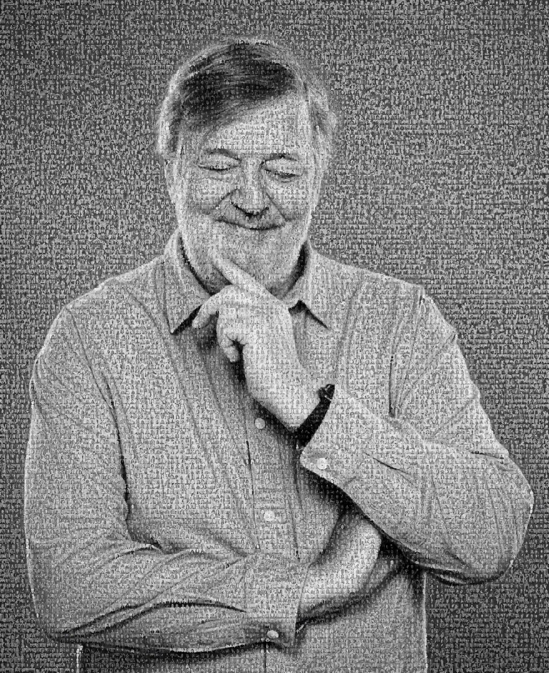 Stephen Fry taking a moment as a mosaic of thousands of other portraits